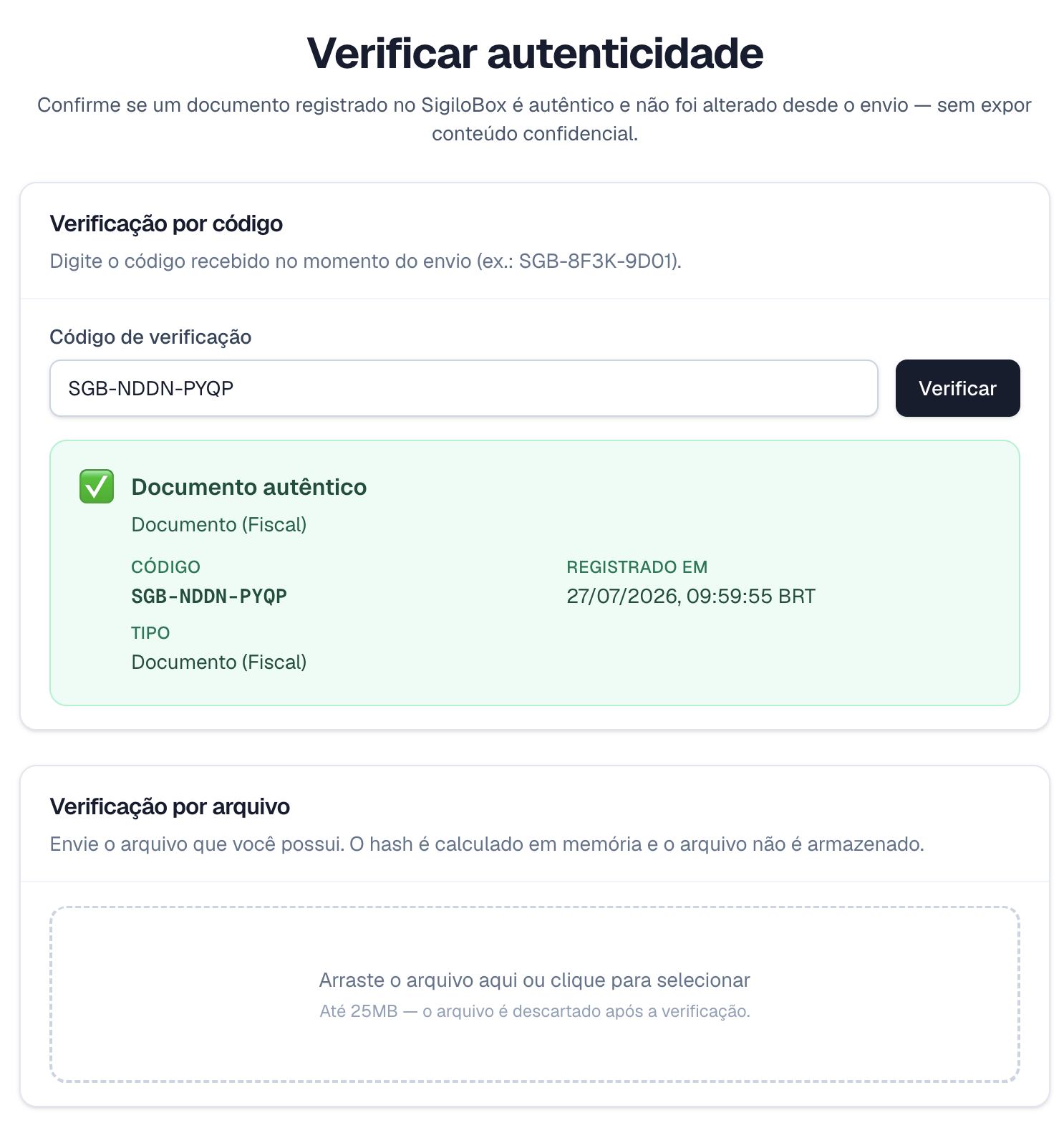 Ilustração: tela de verificação de autenticidade